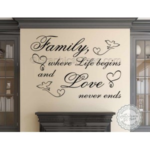 Family Where Life Begins, Love Never Ends, Inspirational Family Wall Sticker Quote Home Decor Decal with Birds and Hearts